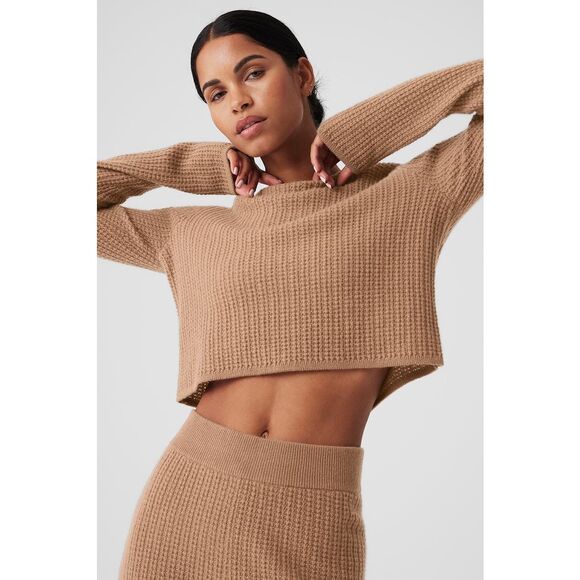 Alo Yoga Cashmere Plush Waffle Cropped Long Sleeve Toasted Almond Size XS - Picture 2 of 7